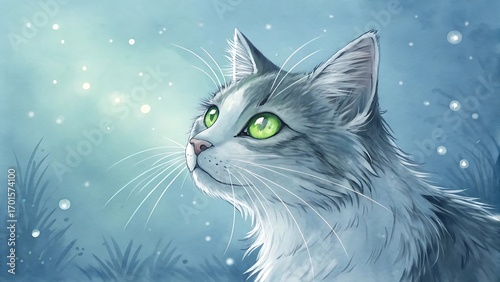 A beautiful grey and white cat with striking green eyes looks up into a magical, sparkling blue forest.