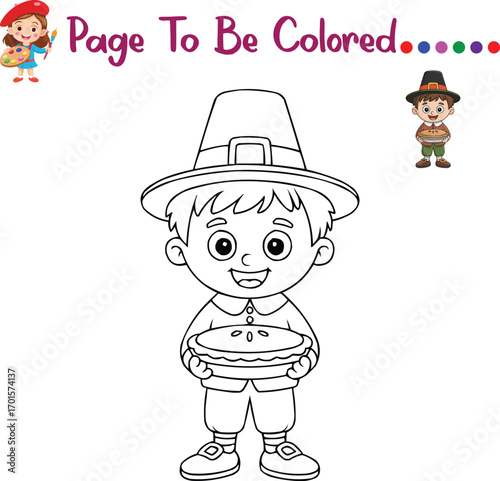 Thanksgiving Pilgrim Boy Coloring Page – Cute Kid Holding Pumpkin Pie Illustration – Fun Kids Activity Printable for Preschool and Kindergarten
