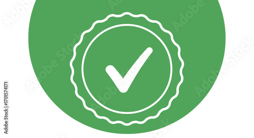 Green Round Badge with Scalloped Edge and a White Check Mark in the Center