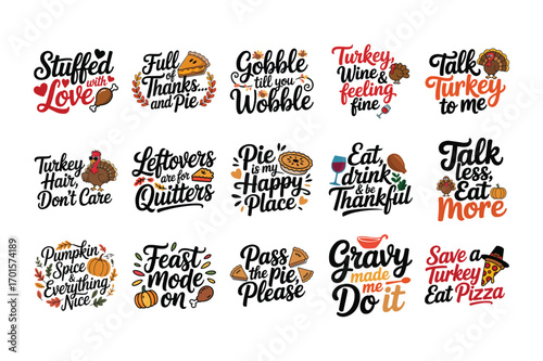 Thanksgiving Quote Bundle – Funny Autumn Sayings with Turkey, Pie, Wine, Gravy, and Feast Mode – Holiday Typography Vector Set for T-Shirt Design, Decoration, and Digital Download