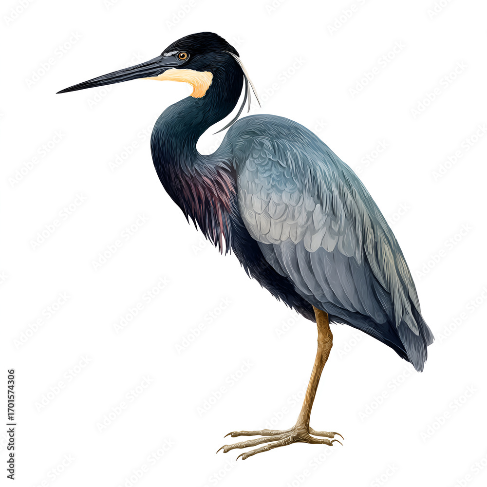 Fototapeta premium Black Headed Heron Realistic Detailed Bird with Grey Feathers Isolated on Transparent Background