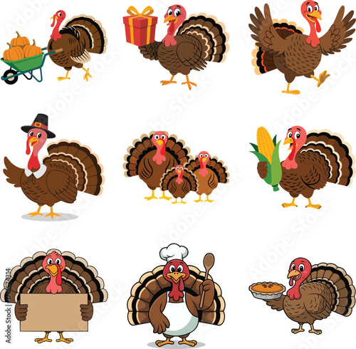 Thanksgiving Turkey Vector Bundle – Funny Cartoon Turkeys with Pumpkin, Cooking, Music, Sports, Selfie, and Celebration Poses – Autumn Holiday Illustration Set for Decoration and Digital Download