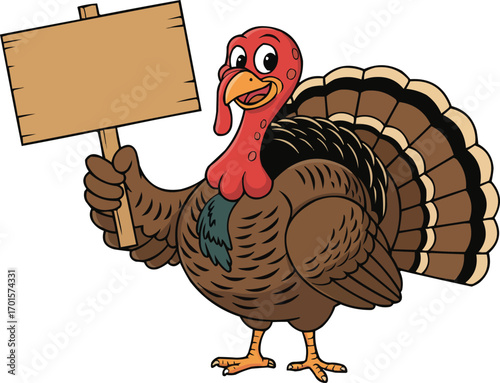 Thanksgiving Turkey with Sign Vector – Cute Cartoon Turkey Holding Blank Board – Autumn Holiday Illustration