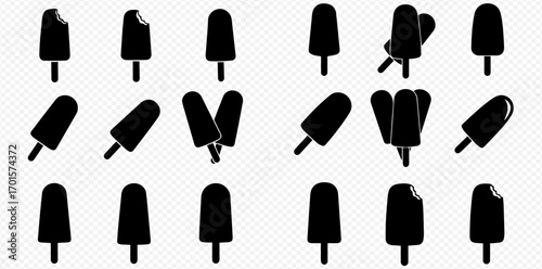 Collection of black silhouette popsicle illustrations in various orientations and states of consumption.