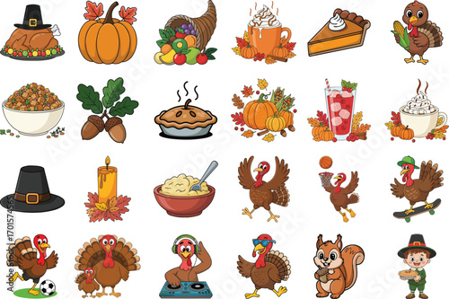 Thanksgiving Vector Bundle – Cute Cartoon Turkeys, Pumpkins, Pies, Cornucopia, Acorns, Squirrel, and Feast Food Elements – Holiday Autumn Harvest Illustration Set for Decoration, Clipart, and Digital 