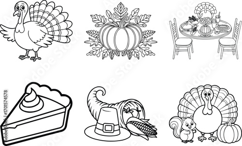Thanksgiving Coloring Pages Bundle – Turkey, Pumpkin, Pie, Cornucopia, and Feast Table – Fun Kids Activity Printable Pack for Preschool and Kindergarten