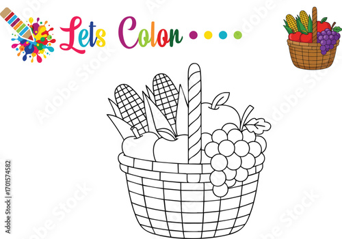 Thanksgiving Harvest Basket Coloring Page – Autumn Basket with Fruits, Vegetables, and Corn – Fun Kids Activity Printable for Preschool and Kindergarten