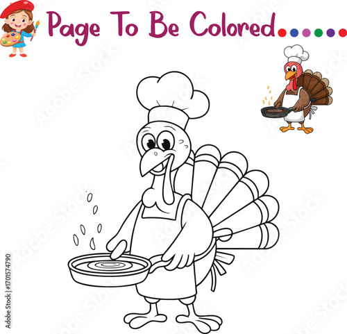 Thanksgiving Chef Turkey Coloring Page – Funny Cooking Turkey with Pan and Hat – Fun Kids Activity Printable for Preschool and Kindergarten