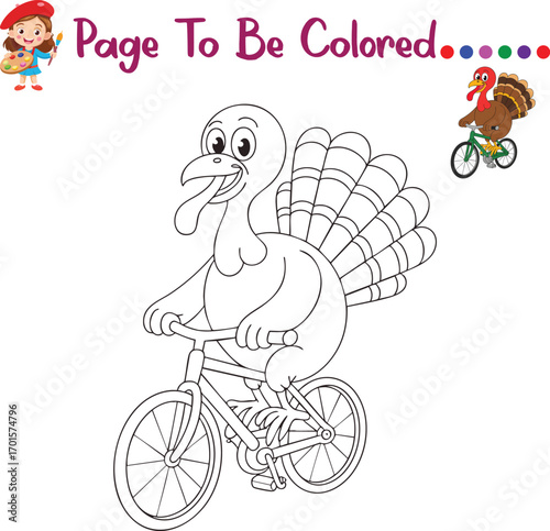 Thanksgiving Turkey Bicycle Coloring Page – Funny Turkey Riding Bike Illustration – Fun Kids Activity Printable for Preschool and Kindergarten