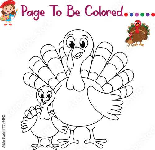 Thanksgiving Turkey Family Coloring Page – Cute Parent and Baby Turkey Illustration – Fun Kids Activity Printable for Preschool and Kindergarten