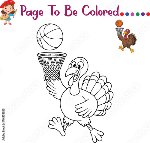 Thanksgiving Turkey Basketball Coloring Page – Funny Turkey Playing Sports Dunk Shot – Fun Kids Activity Printable for Preschool and Kindergarten