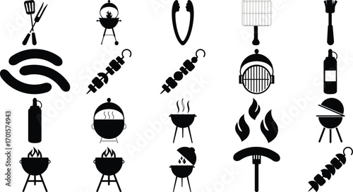 Barbecue and Grill Icons with Food, Fire and Cooking Tools