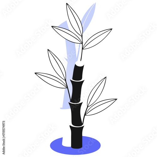 Stylized black bamboo stalk with light blue leaves isolated on transparent background