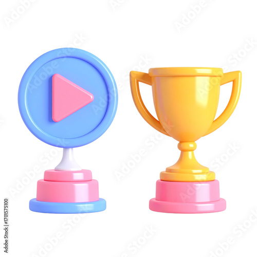 there are two trophies with a play button on them