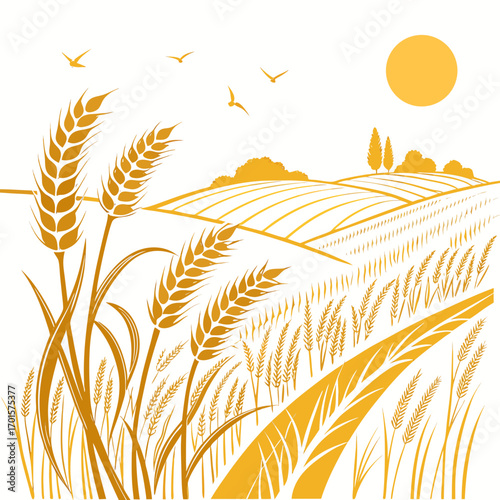 Vector art of golden wheat field landscape illustration, showcasing a serene rural scene with rolling hills, a bright sun, and birds flying above the picturesque countryside