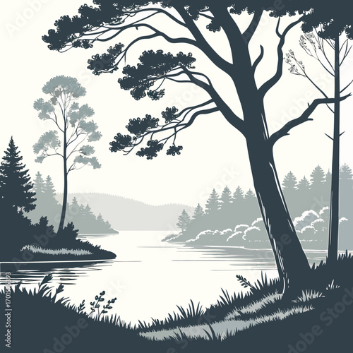 Vector art of monochrome vector illustration of a tranquil lake surrounded by lush forest, with tall trees framing the scene, creating a serene and picturesque landscape with a minimalist aesthetic