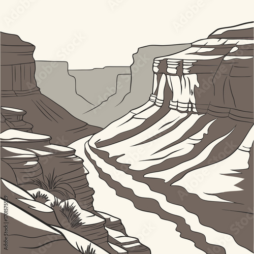 Vector art of grand canyon vista, showcasing the majestic beauty of the canyons layered rock formations and vast open spaces, a timeless natural wonder