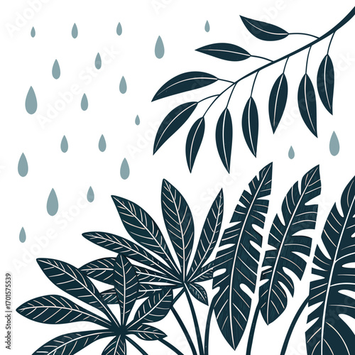 Vector art of a captivating vector illustration showcases a lush tropical foliage, featuring vibrant leaves, creating a serene and exotic scene with rain drops