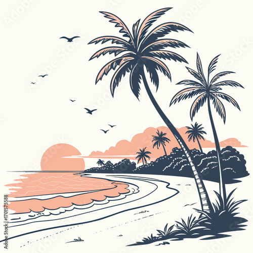 Vector art of a serene tropical beach scene at sunset, featuring silhouetted palm trees swaying gently in the breeze, birds flying, and soft waves lapping the shore