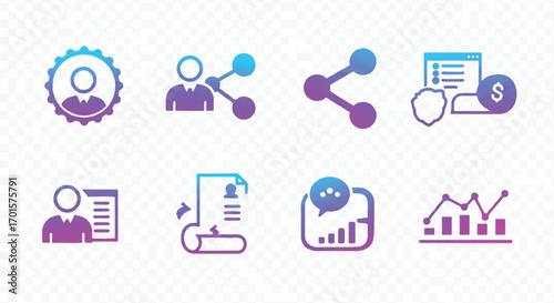 Collection of business and social media symbols representing networking, profile, and data analysis on a transparent grid, conveying a modern and professional theme.