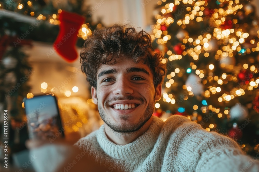 Portrait of a young man sitting at home near the Christmas tree on the couch, smiling at the camera while holding a phone and a credit card, celebrating the holiday season, Generative AI Portrait of a young man sitting at home near the Christmas tree on the couch, smiling at the camera while holding a phone and a credit card, celebrating the holiday season, Generative AI