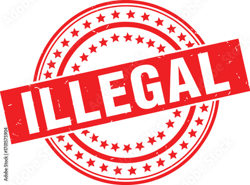 Illegal Red Stamp with Starry Circle Isolated on White Background