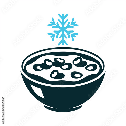Patjuk Red Bean Porridge Winter Solstice Icon Dongji Winter Solstice A snowflake over a bowl of patjuk red bean porridge in icy blue and white