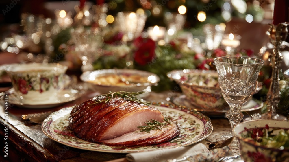 Naklejka premium Elegant Christmas Feast: Sliced Glazed Ham on a Vintage Platter with Warm Bokeh Lights