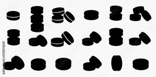 Collection of black silhouettes of cream-filled sandwich cookies in various arrangements and stacks on a transparent background.