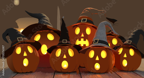 A delightful group of jack-o'-lanterns with mouths wide open in song or surprise. This charming 3D render features a choir of pumpkins wearing varied wizard hats on a wooden porch at night.