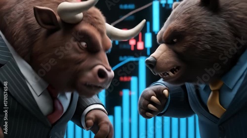 Illustration of a bull and a bear facing each other, representing the stock market.