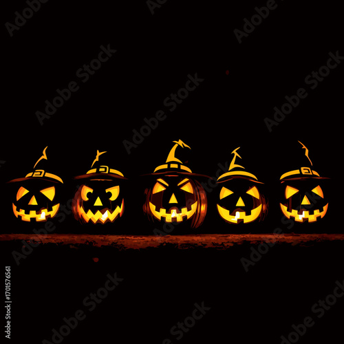 Five glowing jack-o'-lanterns, each with a distinct witch hat, sit menacingly in a pitch-black void. This isolated, high-contrast image is perfect for a spooky Halloween banner or dark background.