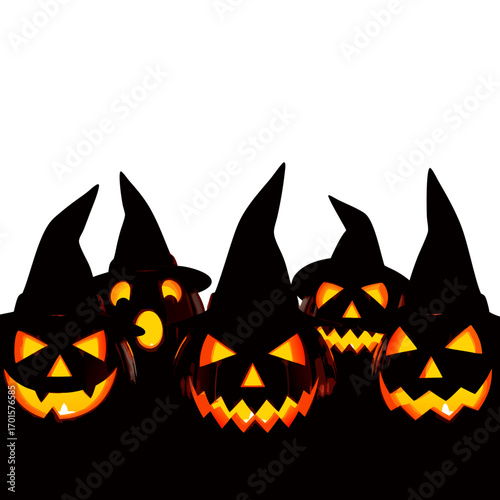 A chaotic cluster of menacing jack-o'-lantern silhouettes with glowing faces. This spooky vector mob emerges from the darkness, perfect for conveying horror, fear, or a monster invasion concept.