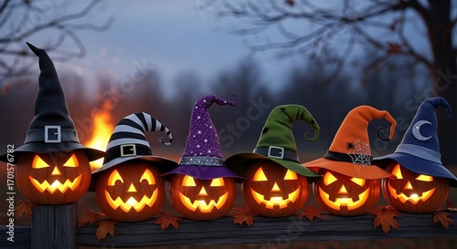 A long, receding line of spooky jack-o'-lanterns, each adorned with a witch hat, stretches into the distance under a pale moonlit sky. An atmospheric concept for a Halloween procession or border.