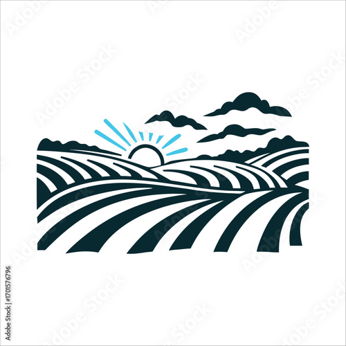 Stylized Sunrise Over Fields Vector Illustration Gaecheonjeol A stylised sun rising over layered fields in harvest gold and ochre