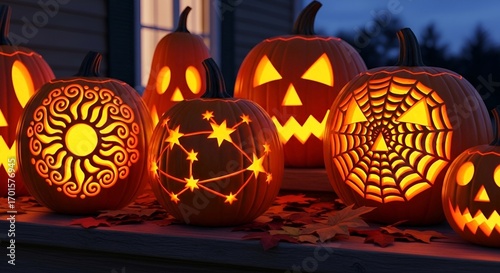 A realistic group of glowing jack-o'-lanterns display intricate, artistic carving. Designs include a sun, constellations, and a spiderweb, showcasing creative Halloween craft on a porch.