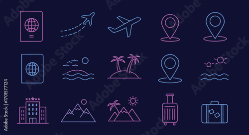 Line art depicting travel elements such as airplanes, passports, islands, and luggage against a dark blue backdrop, evoking a sense of adventure.