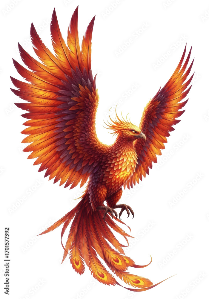 Obraz premium Majestic phoenix with fiery orange, crimson feathers, ascending flight, unfurled wings, transparent background, cinematic lighting, concept of powerful rebirth