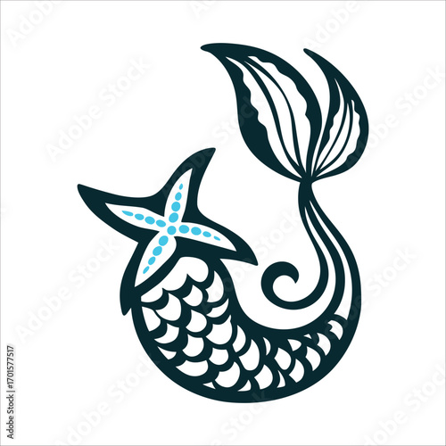 Mermaid Tail Starfish Seafoam Green Illustration Yemanja Festival Seafoam green mermaid tail curling around a starfish