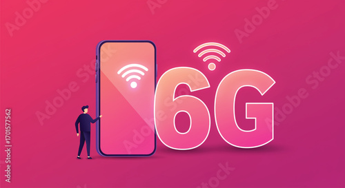 A stylized illustration depicts a large smartphone displaying 6G wireless technology. EPS Vector