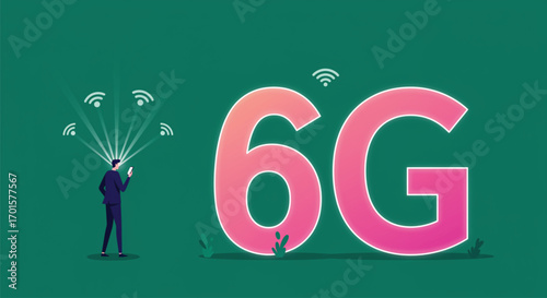 A stylized illustration showcasing the concept of 6G wireless technology. EPS Vector