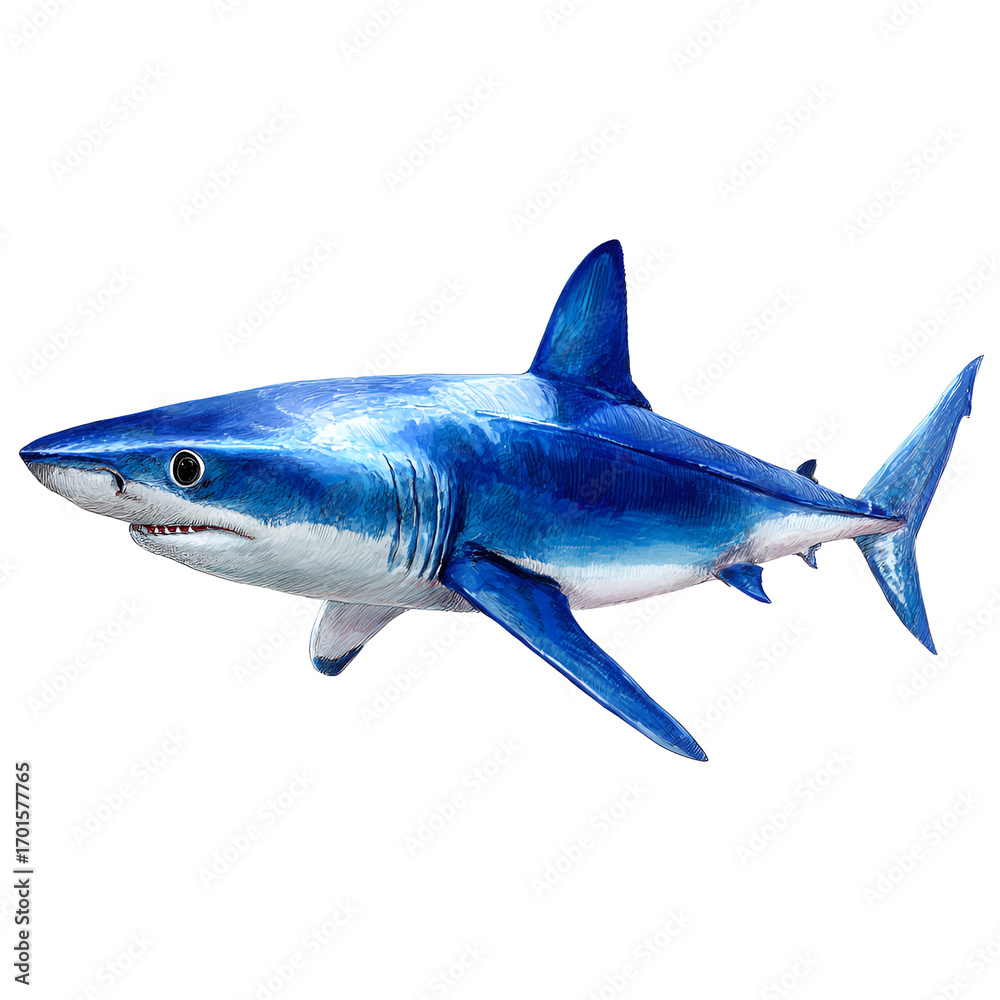 Fototapeta premium Powerful Blue Shark Swimming on White Background