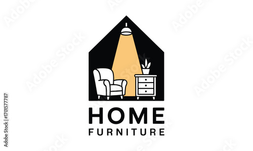 Home furniture logo featuring chair nightstand lamp and text for interior design businesses