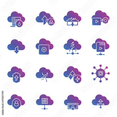 Collection of cloud computing symbols representing data storage, transfer, and processing in a modern, minimalist style.