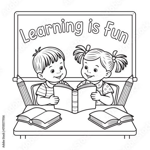 Two happy children reading books at a desk with a blackboard saying learning is fun silhouette