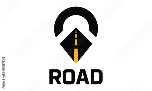 Abstract road navigation pin logo design symbolizing travel and discovery