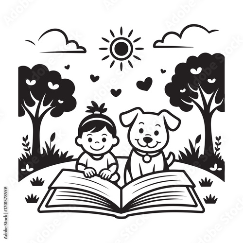 Happy child and dog reading a book together outdoors under the sun and clouds silhouette