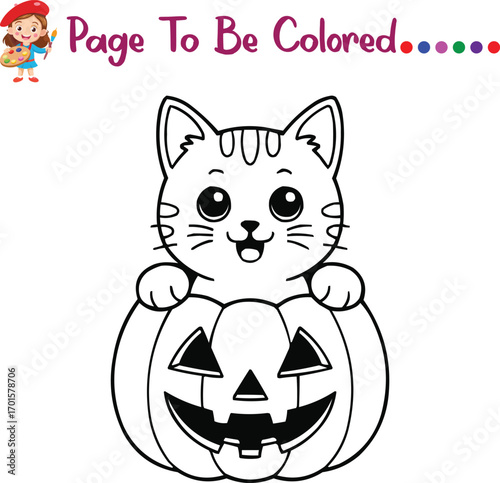 Halloween Black Cat Coloring Page – Cute Witch Hat Cat on Pumpkins with Flying Bats – Fun Kids Activity Printable for Preschool