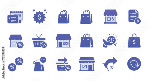 Ecommerce elements representing online shopping and retail transactions with symbols for payments, discounts, and store fronts, conveying convenience.
