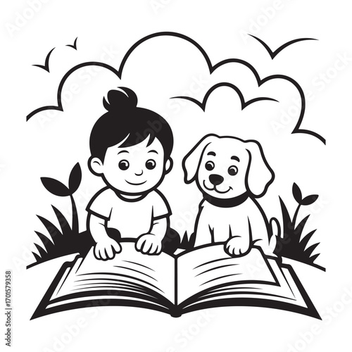 Charming cartoon child and happy puppy reading an open book together silhouette under clouds and birds